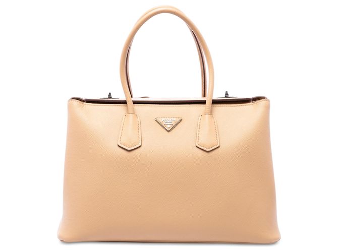 Prada Beige Saffiano Cuir Turnlock Twin Satchel