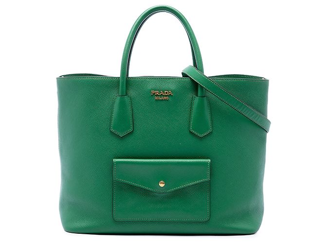 Borsa tote convertibile Prada in pelle Saffiano verde con tasca frontale