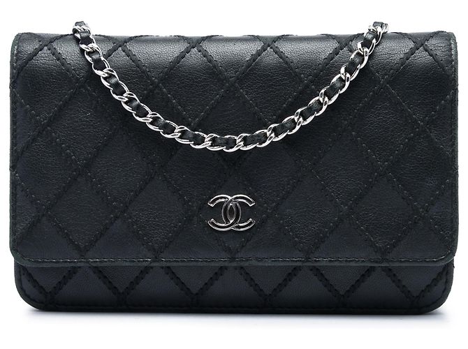 Chanel Black CC Lambskin Wild Stitch Wallet on Chain