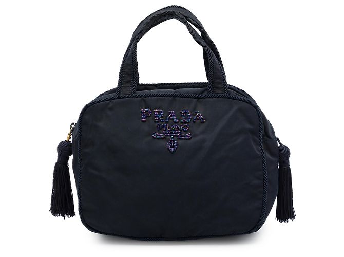 Sac à main Prada Blue Tessuto avec logo perlé et pompon