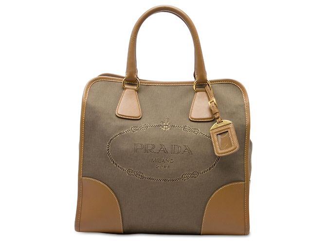 Bolsa Prada em lona Canapa com logo e acabamento em couro Saffiano marrom