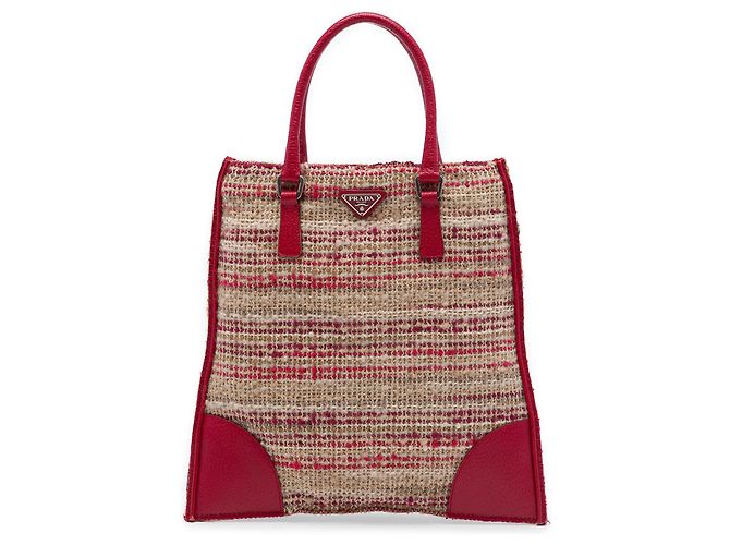 Prada flache Tweed-Tote mit Vitello-Besatz in Rot