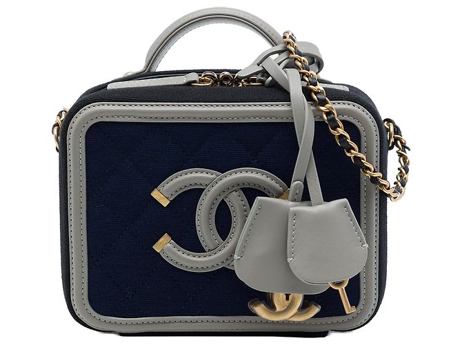 Chanel Blue Small Tricolor Jersey CC Filigree Vanity Case