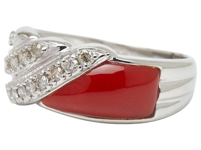 Autre Marque Pt900 Platinring mit Koralle und Diamant