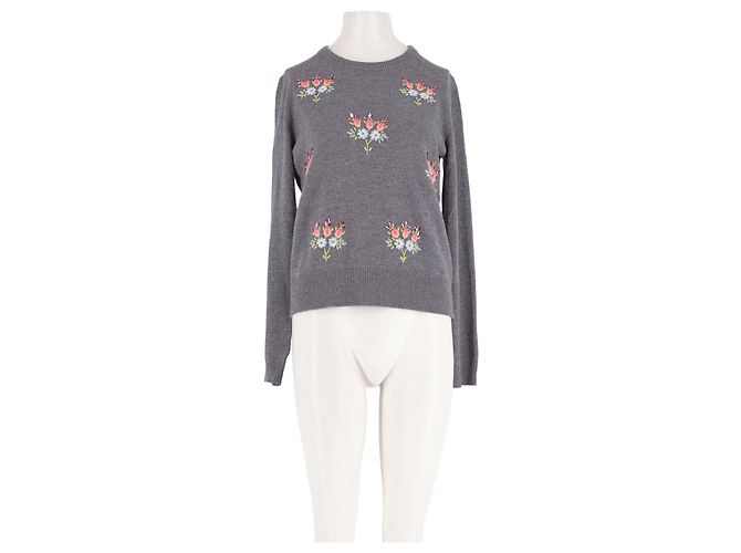 Manoush Grauer Wollpullover mit Blumenstickerei
