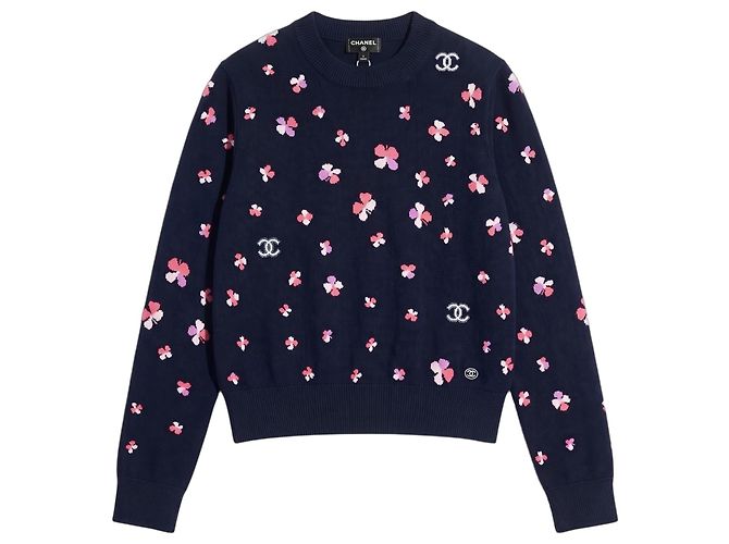 Chanel Maglione Cashmere Fantasia Floreale Blu Scuro