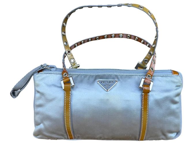 Prada Light Blue Nylon and Leather Top Handle Bag