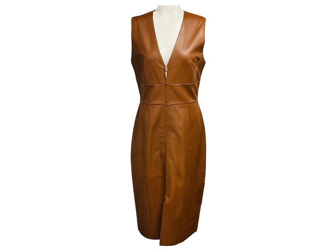 Prabal Gurung ärmelloses Lammleder-Midikleid in Braun mit V-Ausschnitt