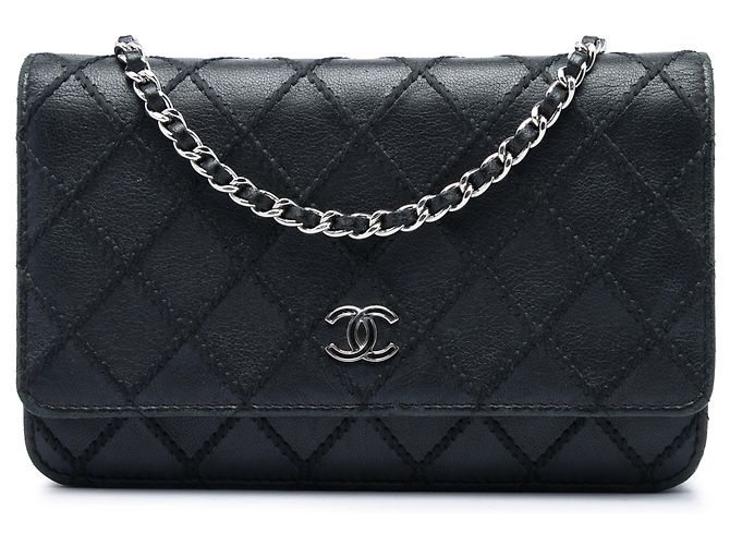 Borsa a tracolla Chanel CC Wild Stitch Wallet on Chain in pelle d'agnello nera