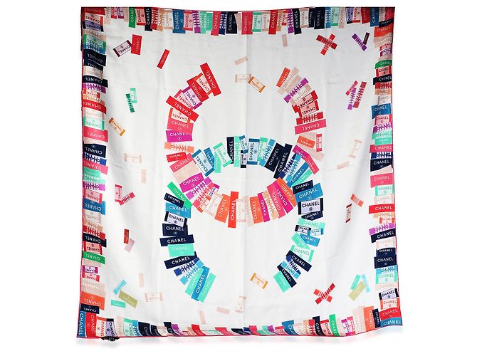 Chanel White Multicolor CC Logo Silk Square Scarf