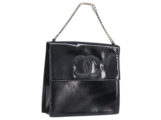CHANEL COCO Mark Chain Handtasche Lackleder Schwarz Silber CC
