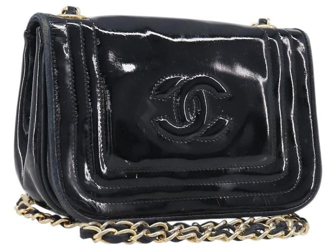 Borsa a tracolla con catena CHANEL Vernice Nera Dorata CC