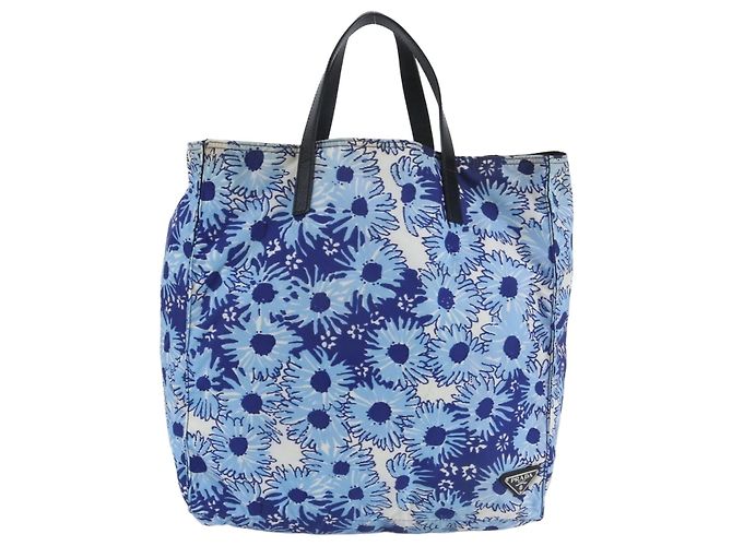 Prada Tessuto Nylon Flower Triangle Logo Leather Tote Bag