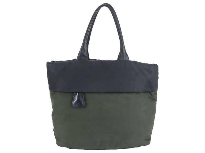 Prada Tessuto Nylon Triangle Logo Leather Tote Bag