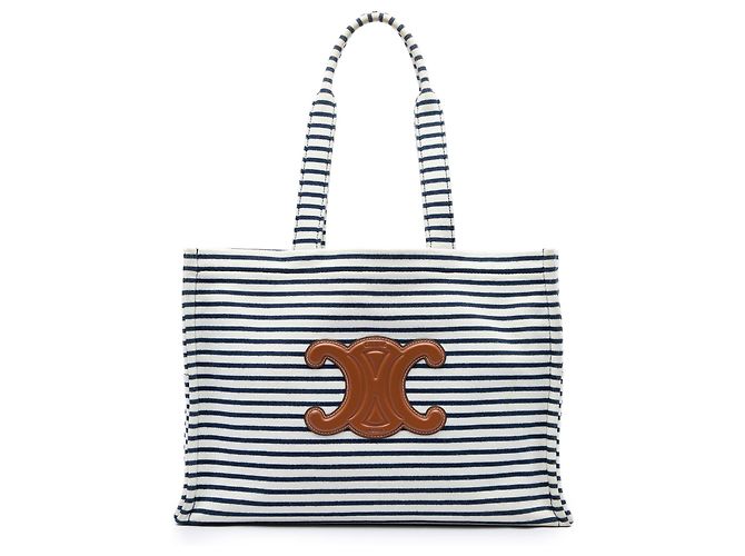 Céline Celine Cabas Thais Tote em lona riscada Triomphe branco Large