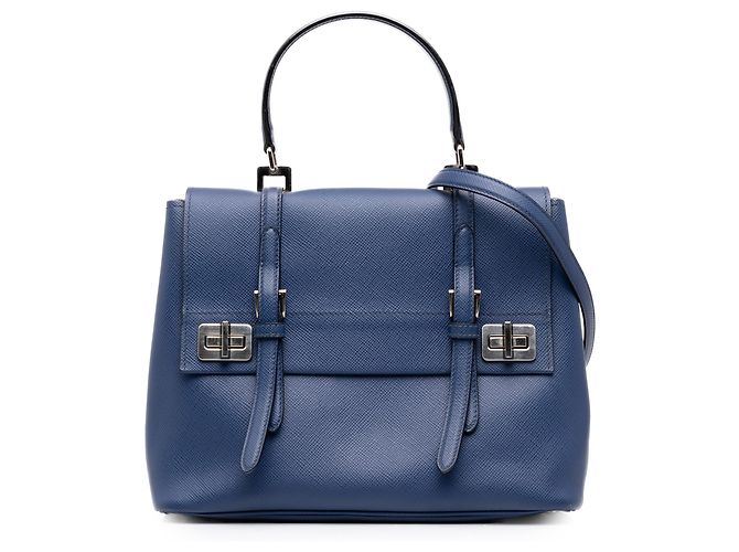 Sac Satchel Prada Blue Medium Saffiano Cuir Double Turnlock