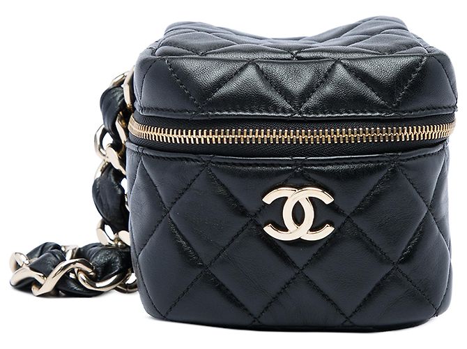 Chanel Black CC Quilted Lambskin Cube Wristlet Vanity Case