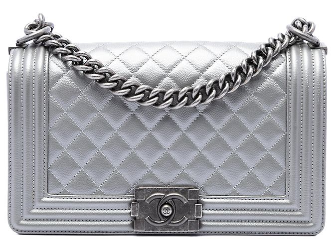 Chanel Gray Old Medium Quilted Metallic Caviar Boy Flap