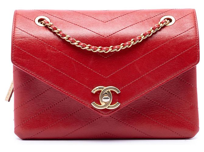 Chanel Red Small Chevron Lambskin Stitched Envelope Flap