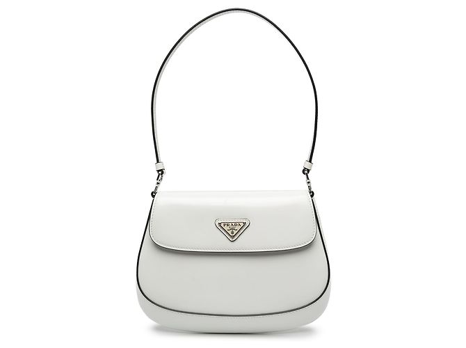 Bolsa de Ombro com Aba Cleo em Couro Spazzolato Branco Prada