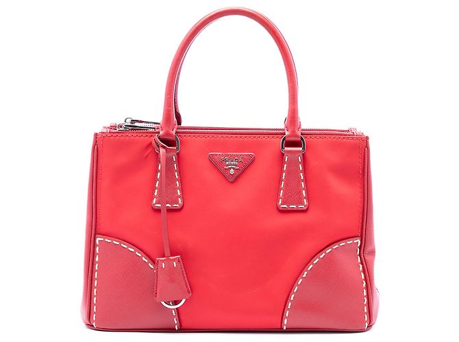 Borsa Prada Galleria Double Zip in Tessuto e Saffiano Stitch, Rossa, Medium