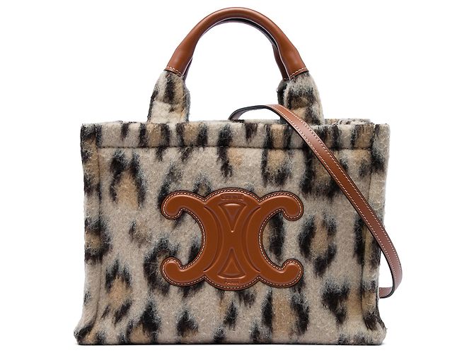 Céline Celine Beige Small Leopard Print Felt Cuir Triomphe Cabas Thais Satchel