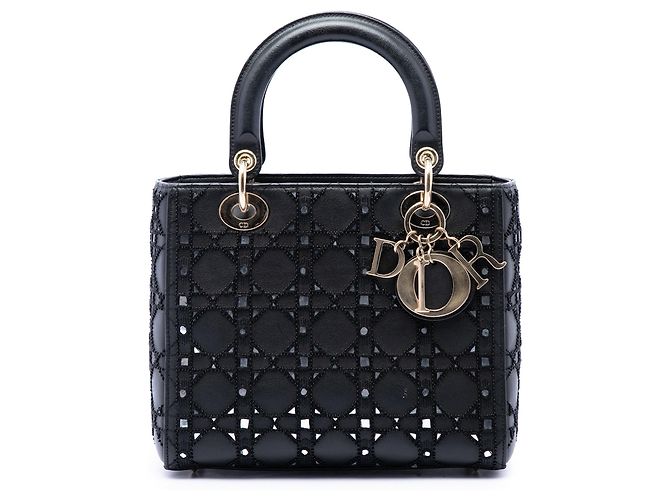 Lady Dior Dior en cuir de veau Cannage noir taille Medium, ornée de perles et de strass