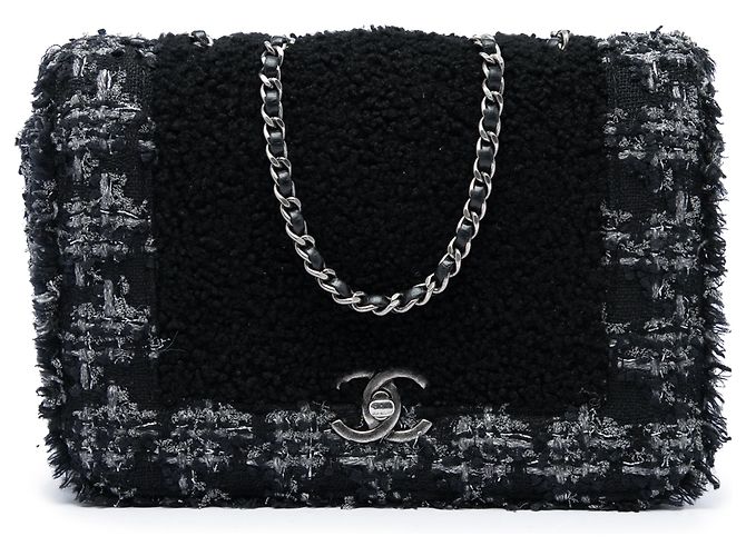 Chanel Black Medium CC Shearling and Tweed Chain Flap