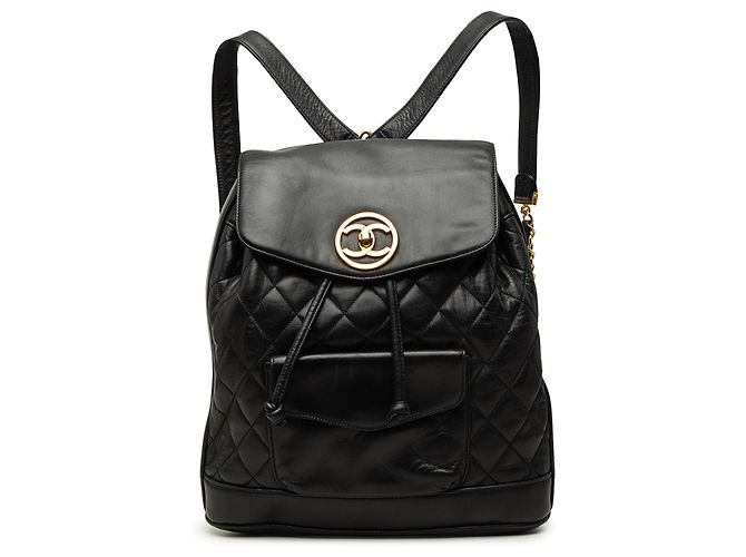 Chanel Black Large CC Quilted Lambskin Drawstring Backpack