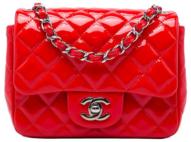 Chanel Red Mini Square Classic Patent Single Flap