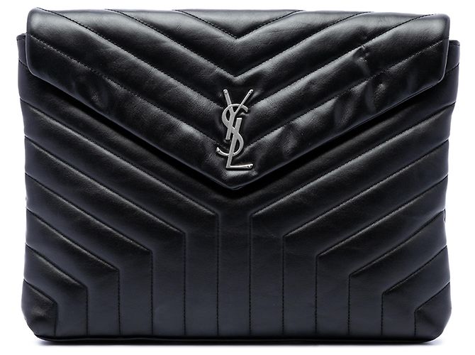 Autre Marque Saint Laurent LouLou Document Clutch aus schwarzem gestepptem Kalbsleder mit Monogramm