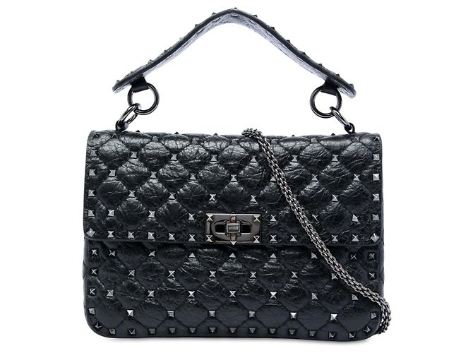 Borsa Satchel Valentino Rockstud Spike in Nappa stropicciata nera Medium