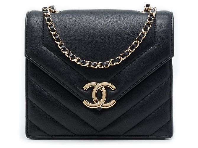 Chanel Black Small Chevron Calfskin Envelope Flap