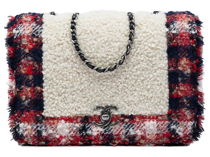 Chanel White CC Tweed and Shearling Single Flap
