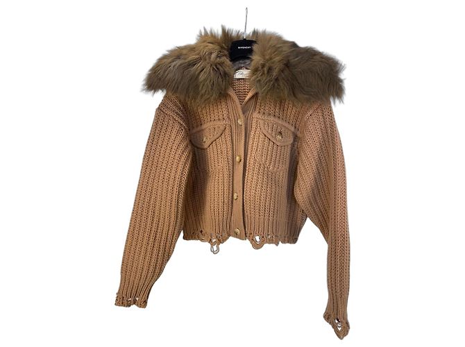 Blumarine brauner Woll-Kaschmir Cardigan mit Pelzkragen