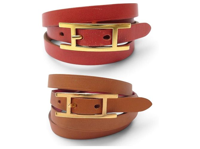 Hermès BRACELET HERMES BEHAPI CUIR SWIFT ROUGE BRIQUE & GOLD REVERSIBLE QUADRUPLE TOUR