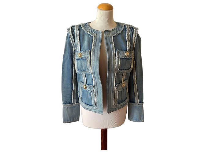 Balmain Fringed Denim Jacket with Gold Buttons