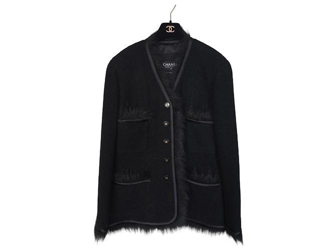 Chanel Schwarze Wolljacke mit Pelzbesatz