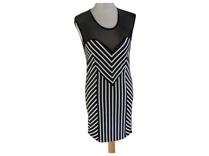 Autre Marque Schwarz-weiß gestreiftes Bodycon-Kleid mit Tüll-Einsatz