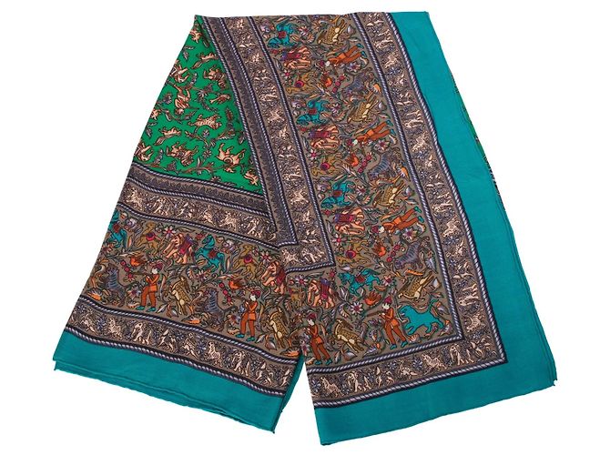 Hermès “Chasse en Inde” Xale de Caxemira e Seda Verde 140