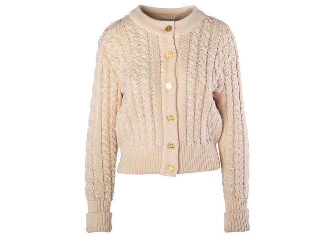 Cambon Cardigã de lã com tramas em relevo e pérolas Chanel Ivory