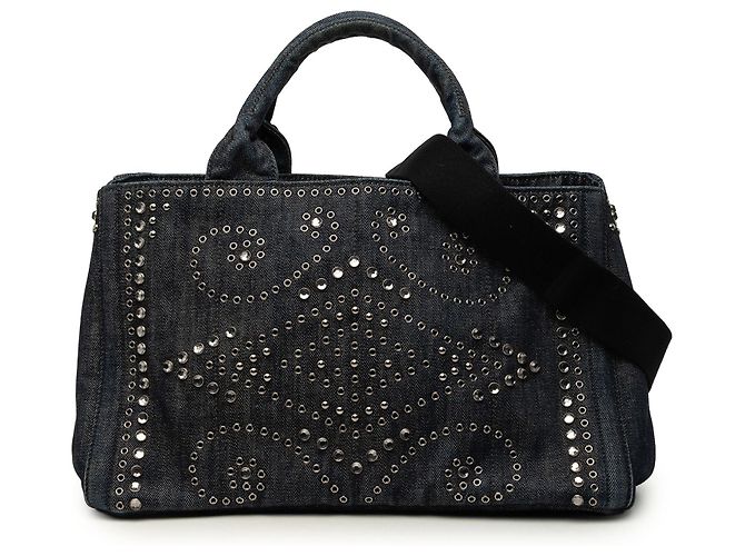 Bolsa Tote Prada Denim Canapa Bijoux e Ilhoses preta