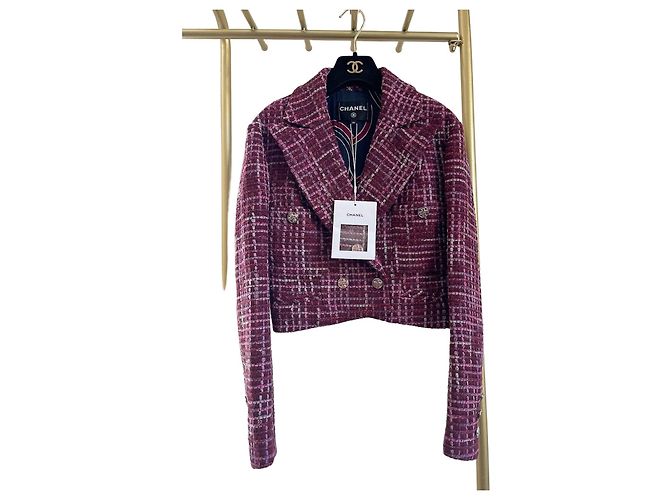 Chanel 23S Tweed Jacket Wine Red Check