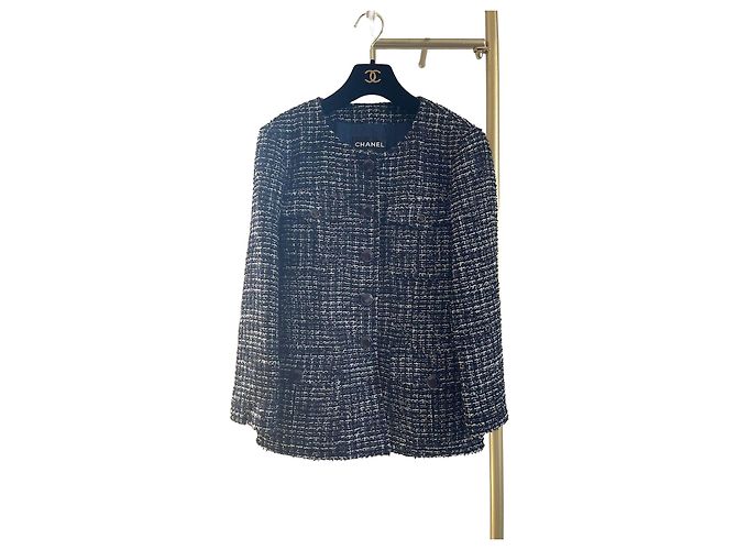 Giacca Chanel in Tweed a Quadretti Blu e Bianchi Taglia 36