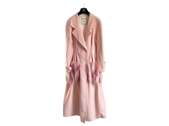 Fendi Beige Cashmere Coat with Feather Trim