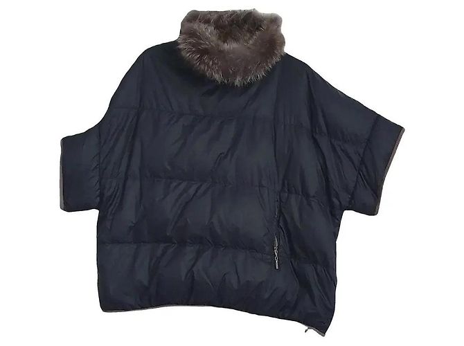 Brunello Cucinelli Black Nylon Down Poncho with Fur Collar