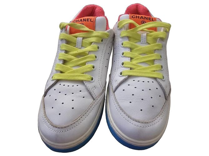 Chanel White Leather Multi-Color Sneakers