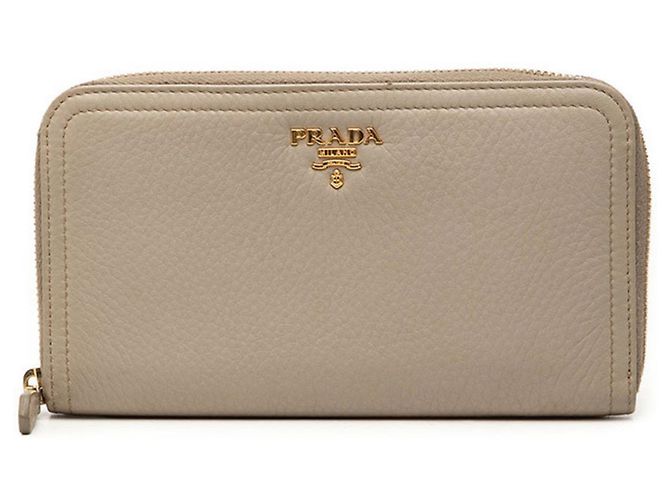 Prada Logo Round Zip Long Wallet in Grayish Leather