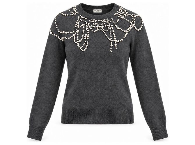 Dries Van Noten Jersey de Cachemira Gris con Perlas