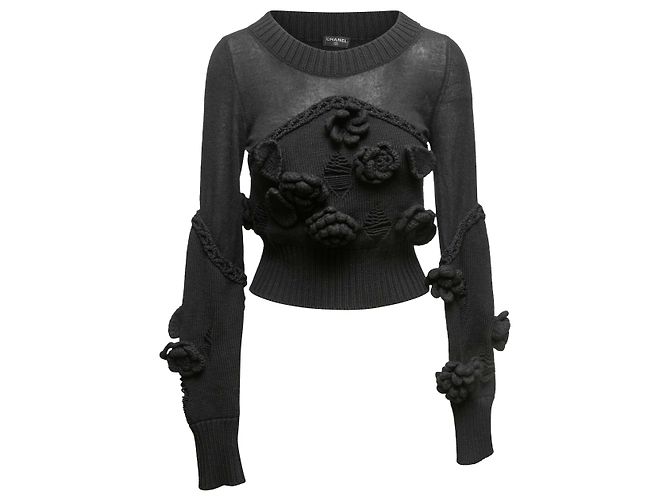 Chanel Pullover aus Woll-Kaschmir-Mischung in Schwarz mit 3D-Kamelie Größe US S